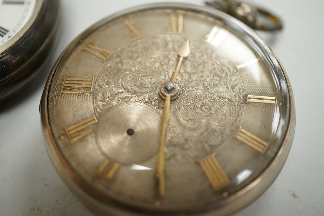 A George V silver cased goliath calendar moon phase open faced pocket watch, case diameter approx. 67mm(a.f.), together with five other pocket watches, including silver and white metal Waltham, a Camerer Cuss chrome case